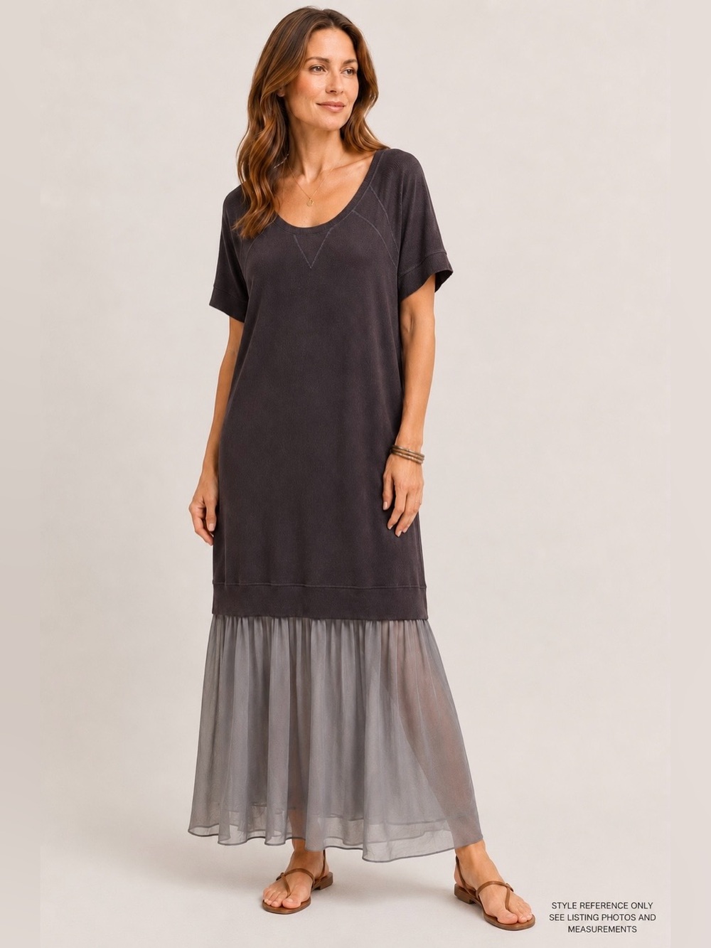 Heather Mixed Media Modal Silk Maxi Dress Taupe‎ Size M